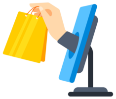 Two computer monitors exchanging a credit card and a shopping bag, depicting an online shopping transaction. illustration png
