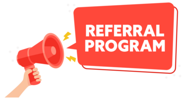 Promotional Referral Program Announcement Illustration with Megaphone and Bold Text png