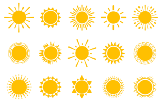 Vibrant array of stylized sun icons with various rays and designs on a white background png