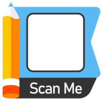 Set of QR code stickers flanked by pencils, with Scan Me text, designed for interactive engagement png