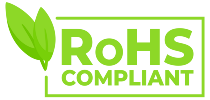 Green labels with a leaf icon indicating RoHS Compliant for electronics, promoting environmentally responsible manufacturing. png