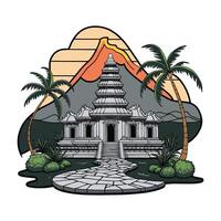 An old temple with palm trees and mountains vector