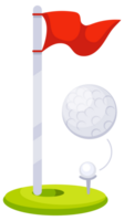 Golf equipment set with bag, clubs and flag with ball for playing golf on course png
