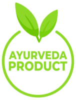 Set of labels featuring the text Ayurveda Product with a herbal leaf symbol, ideal for wellness and holistic health products. png
