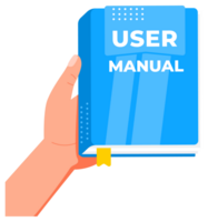 Hand holding user manual book for product usage and instructions png