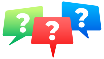 Three speech bubbles with question marks are floating, representing brainstorming and problem solving png