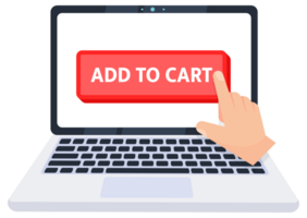 Hand pointer clicking on a add to cart button on a laptop screen. illustration png