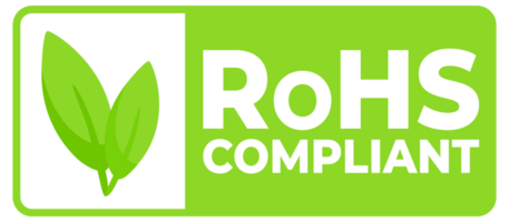 Green labels with a leaf icon indicating RoHS Compliant for electronics, promoting environmentally responsible manufacturing. png