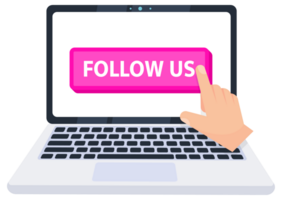 Hand pointer clicking on a follow us button on a laptop screen. illustration png
