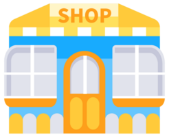 Set of shops and markets with large windows for displaying goods, with a signboard on the facade, isolated on white png