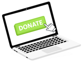 Donate text on Laptop screen with a red button . Button with pointer clicking. Finger Pressing png