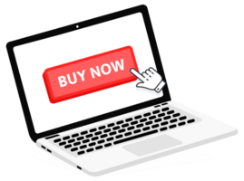 Buy now text on Laptop screen with a red button . Button with pointer clicking. Finger Pressing png