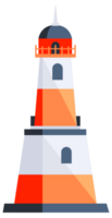 Set of lighthouses. Tower with floodlight on coast for maritime navigation png