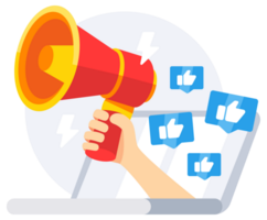 Depicting a hand holding a megaphone emerging from a laptop screen, surrounded by likes, symbolizing online marketing, social media influence, and digital promotions png