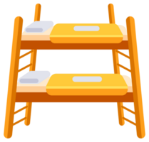 Four different empty bunk beds with mattresses, pillows and blankets representing a place to sleep for two people png