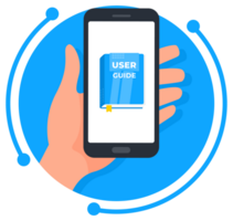 Hand holding smartphone showing user guide on screen, online manual, mobile application for reading instructions png