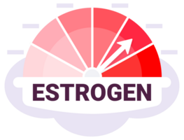 Gauge graphic indicating estrogen level with arrow at peak in red zone on a cloudy backdrop png