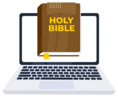 Holy bible on a laptop screen, studying scripture online concept png