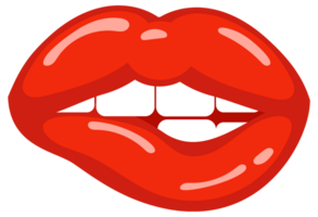 Six variations of woman's red lips showing different facial expressions like speaking, smiling, surprised and showing tongue png