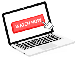 Watch now text on Laptop screen with a red button . Button with pointer clicking. Finger Pressing png