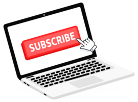 Subscribe text on Laptop screen with a red button . Button with pointer clicking. Finger Pressing png