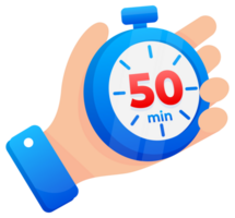 Hand firmly gripping a blue stopwatch set to 50 minutes, with a prominent red highlight on the timer png