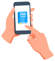 Hands holding a smartphone and reading a digital user guide, accessing information and instructions on mobile device png