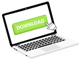 Download text on Laptop screen with a red button . Button with pointer clicking. Finger Pressing png