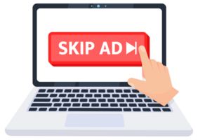 Hand pointer clicking on a skip ad button on a laptop screen. illustration png
