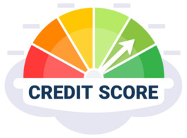 Vibrant gauge showing credit score status with arrow pointing towards green for good credit on a white background png