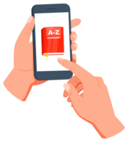 Hands holding a smartphone and browsing an online glossary, using a mobile app for reading and education png