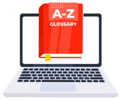 A z glossary book coming out of a laptop screen, providing definition and explanation service through internet png