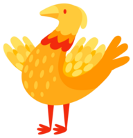 Four colorful birds standing on thin legs with wings spread wide and smiling happily png