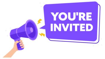 Friendly Invitation Announcement with Hand Holding Megaphone and You re Invited Message png
