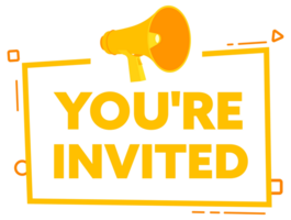 Megaphone with You are invited speech bubble banner. Promotion and advertising label. stock illustration png