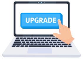 Hand pointer clicking on a upgrade button on a laptop screen. illustration png