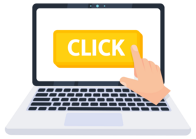 Hand pointer clicking on a click button on a laptop screen. illustration png