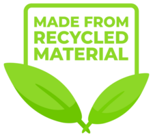 Set of labels indicating products are made from recycled material, featuring a green color scheme and leaf emblem for eco-awareness. png