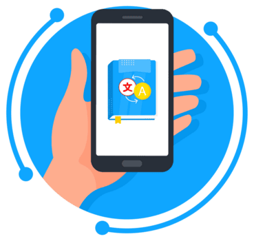 illustration de une main en portant une téléphone intelligent avec une Langue traducteur app ouvrir, symbolisant le facilité de global la communication et apprentissage png