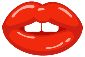 Six variations of woman's red lips showing different facial expressions like speaking, smiling, surprised and showing tongue png