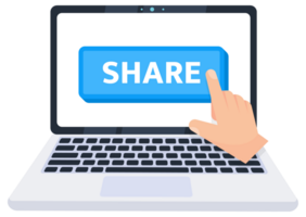 Hand pointer clicking on a share button on a laptop screen. illustration png