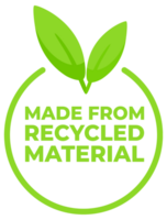 Set of labels indicating products are made from recycled material, featuring a green color scheme and leaf emblem for eco-awareness. png