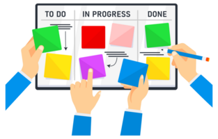 Team interacting with a task board, showing sticky notes in To Do , In Progress , and Done columns png