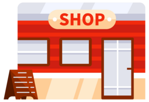 Set of shops and markets with large windows for displaying goods, with a signboard on the facade, isolated on white png