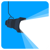 Bright spotlight shining on empty stage against blue background, drawing attention to single equipment. Simple design with abstract shapes provides copy space png