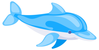 Four cute cartoon dolphins in different poses swimming and jumping on a white background png
