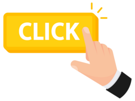 illustration of a hand pointing to a vibrant yellow Click button, signifying a call to action png