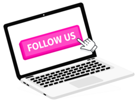 Follow Us text on Laptop screen with a red button . Button with pointer clicking. Finger Pressing png