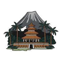 A pagoda with palm trees and a mountain in the background vector