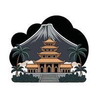 A japanese temple with a volcano in the background vector